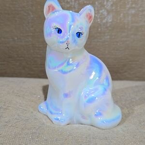 Fenton Opal Iridescent cat. White glass. Perfect condition. Signed By Artist.